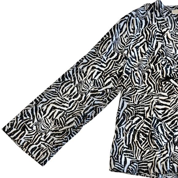 Michael Kors Black Zebra Print Button Up Blouse Large Tunic Top Tie Front V Neck - Picture 8 of 10
